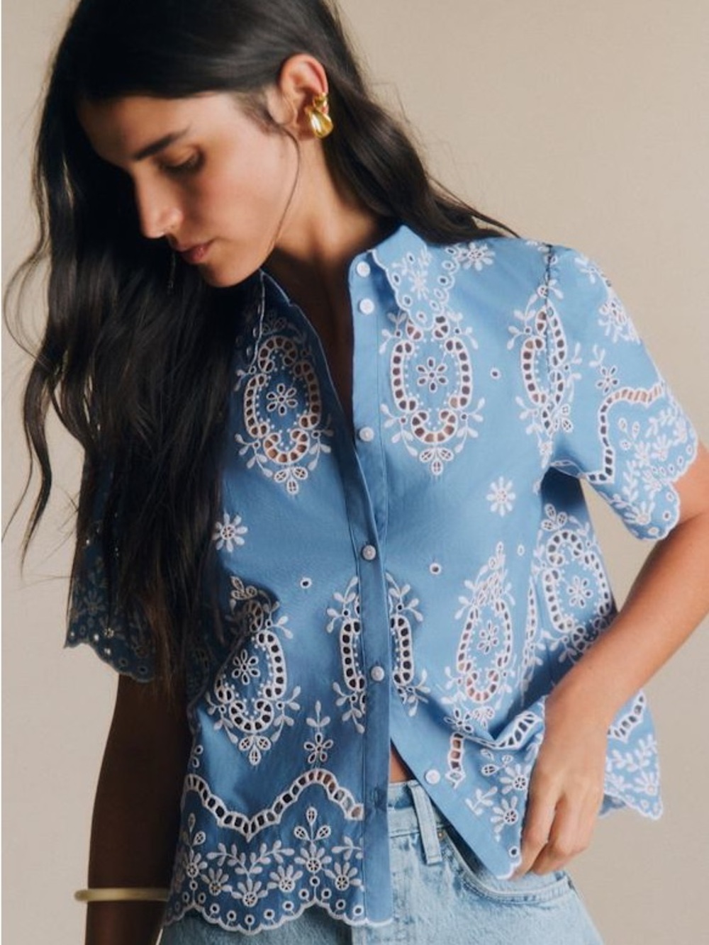 Sezane Elvira Blouse Light Blue & White Embroidered Eyelet Lace M Feminine
